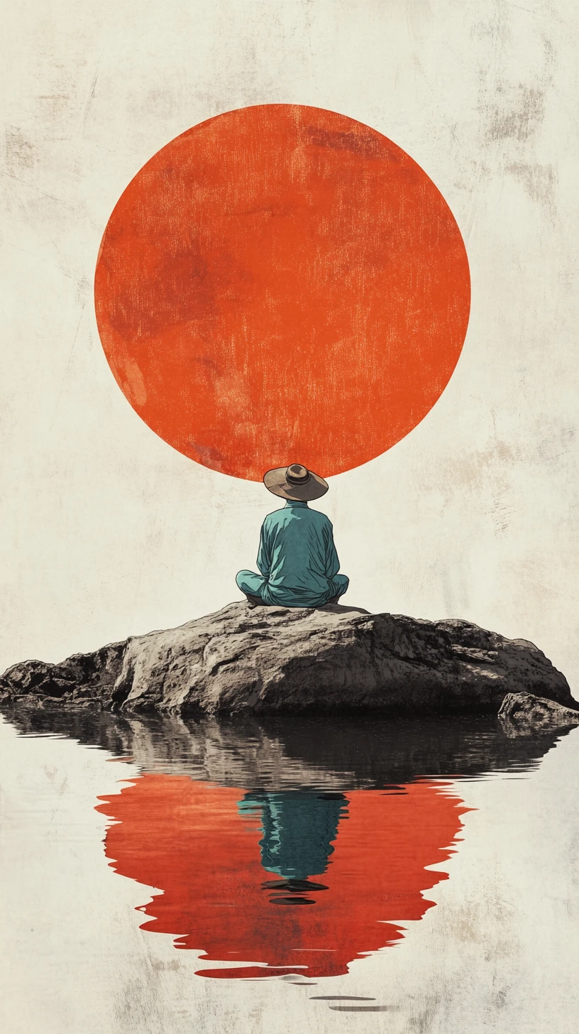 Figura solitária em uma rocha sob um imenso sol vermelho