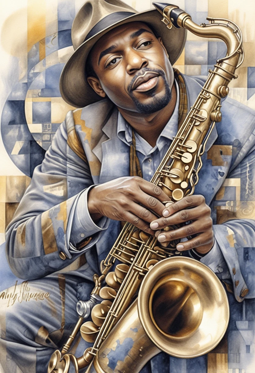 Cubist portrait of a jazz saxophonist in deep concentration