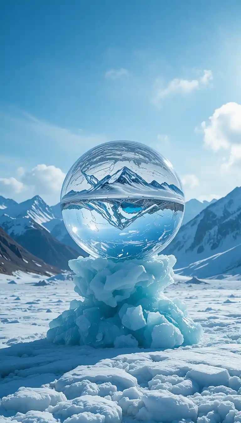 Schwebende Eiskugel über einer hellen verschneiten Bergtundra