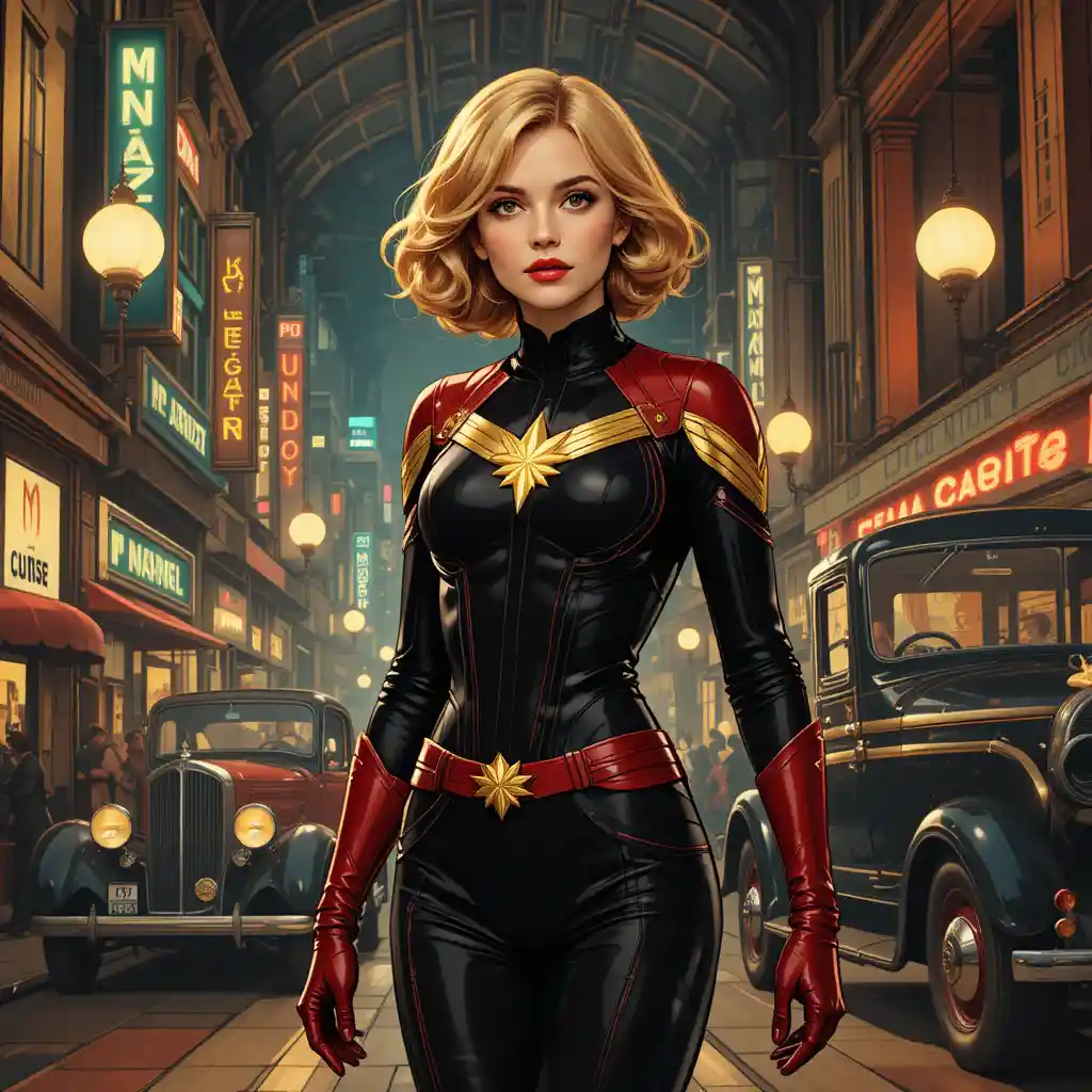 1920s superhero woman in black costume on city street