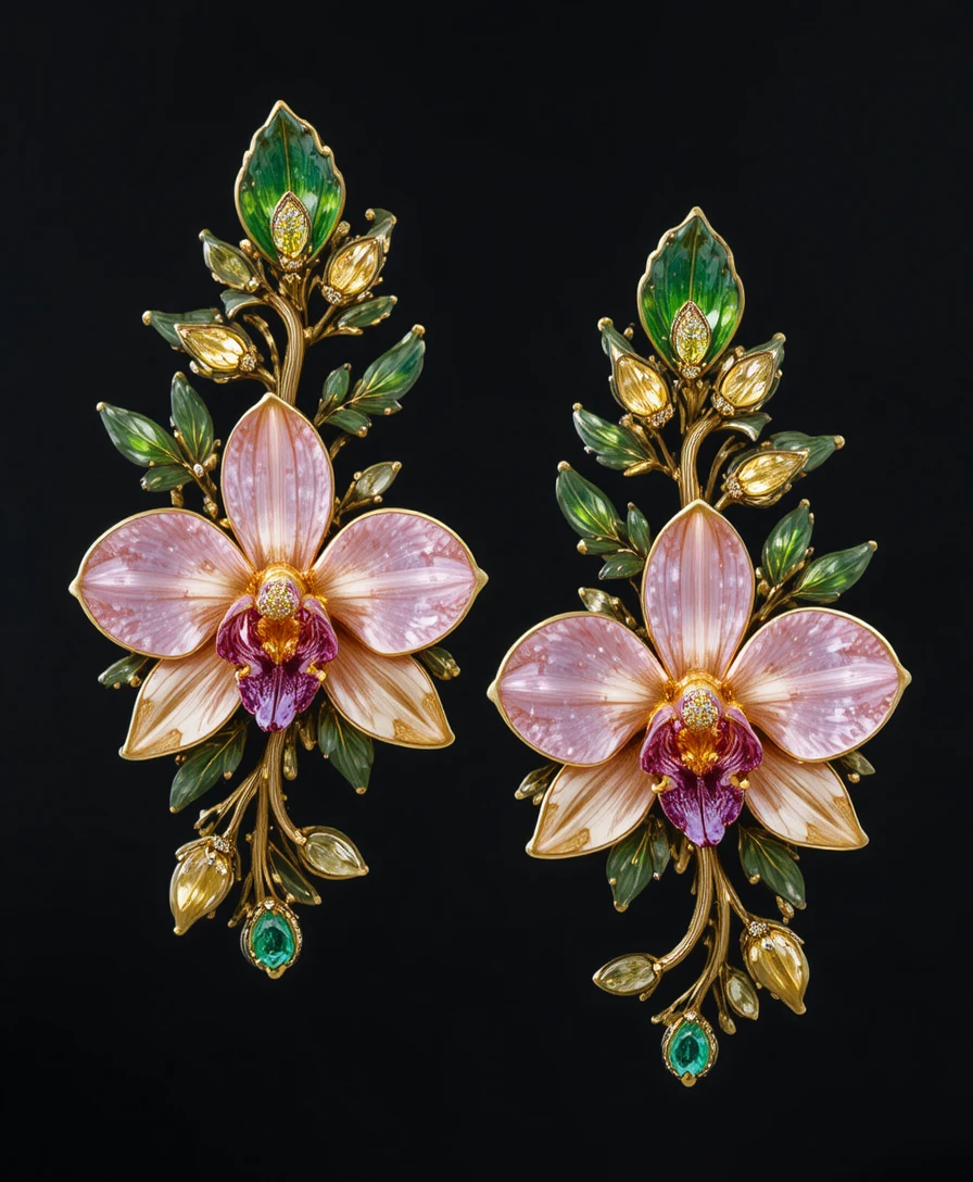 Gold orchid earring with colorful gemstones on black background