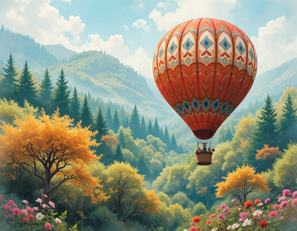Colorful hot air balloon floating over blooming spring forest