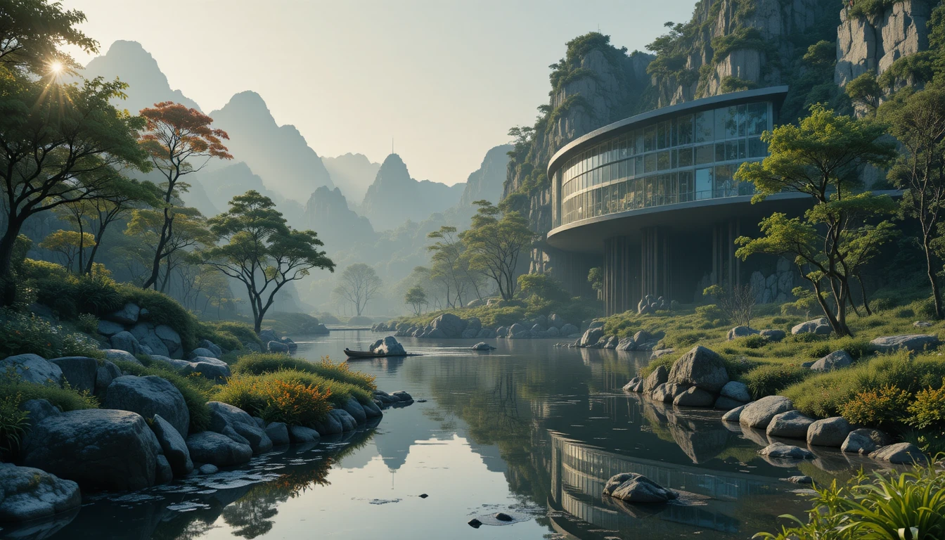 Cinematic view of modern architecture blending into tranquil nature