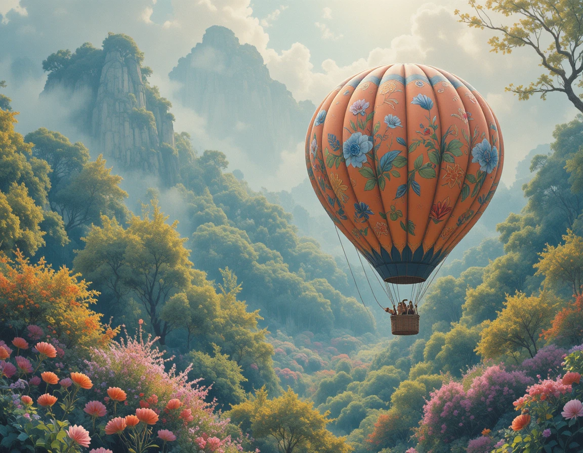 Colorful hot air balloon over a blooming spring forest