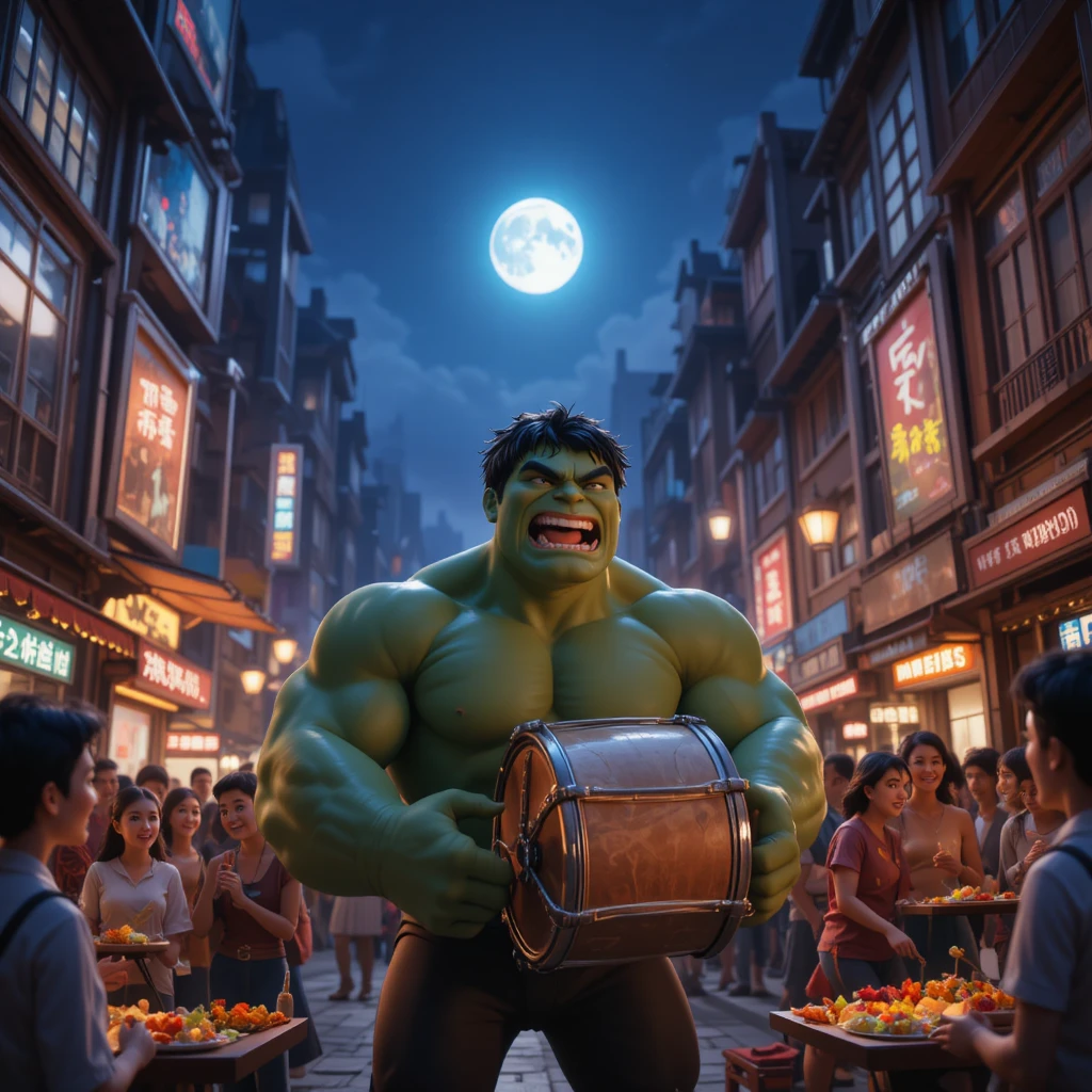 Cena 3D cinematográfica de um super‑herói em uma cidade à noite