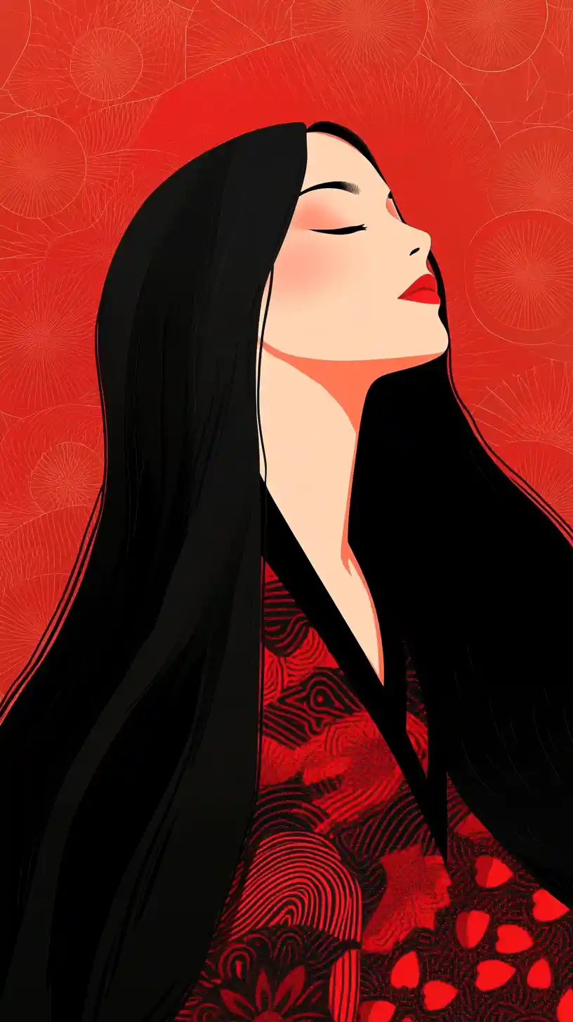 Japanese woman in red kimono in peaceful contemplation
