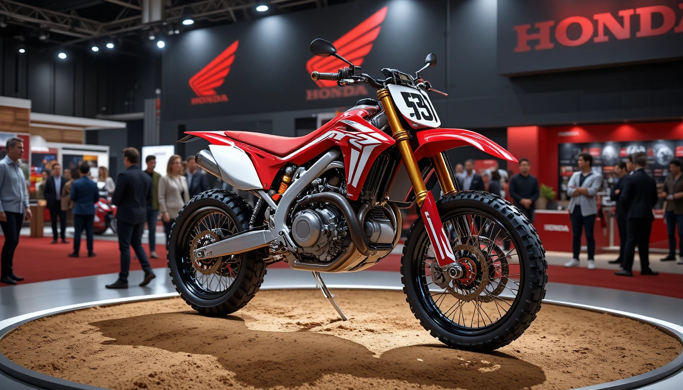 Moto de motocross conceitual vermelha em pedestal de exposição