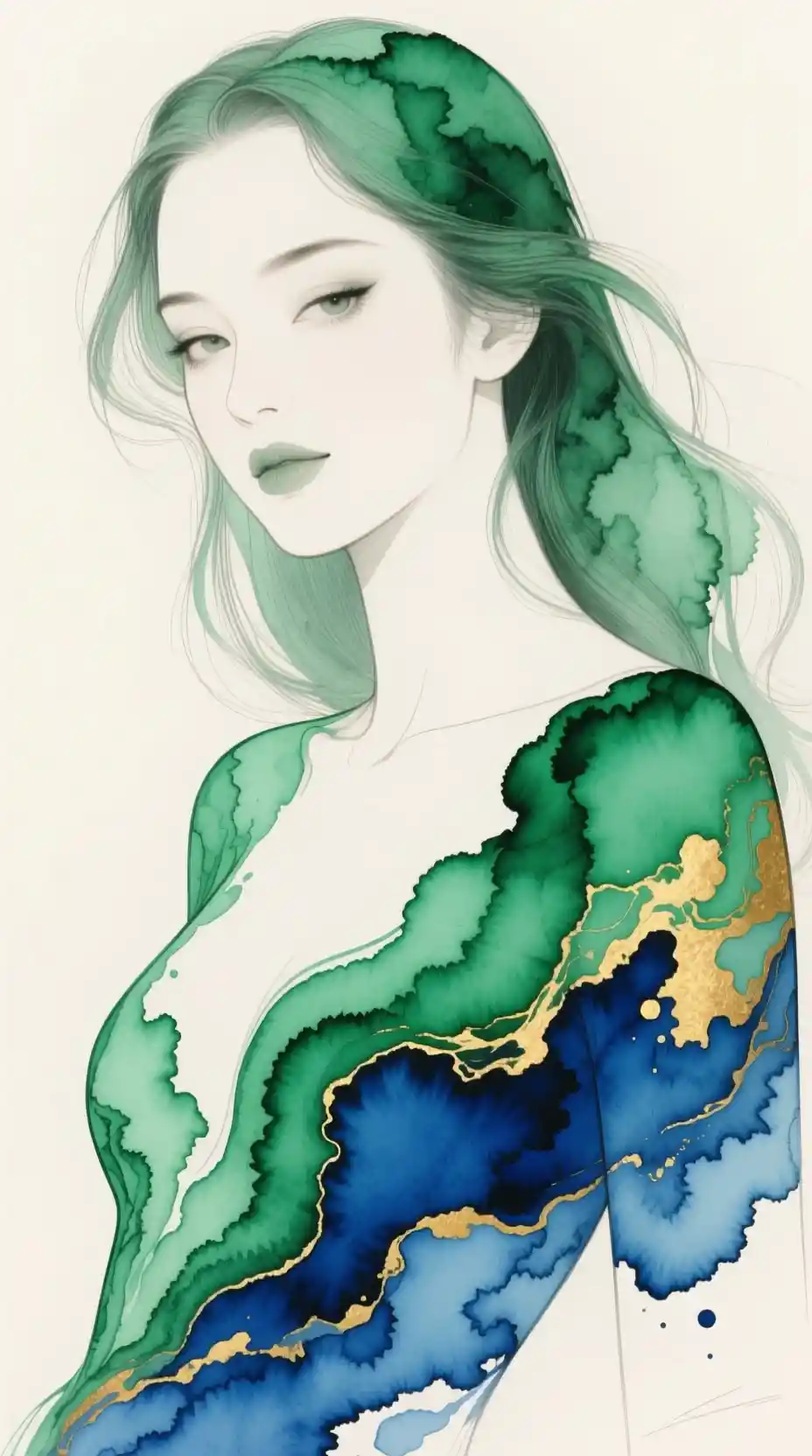 Elegant ink portrait of a woman with marbled gold accents
