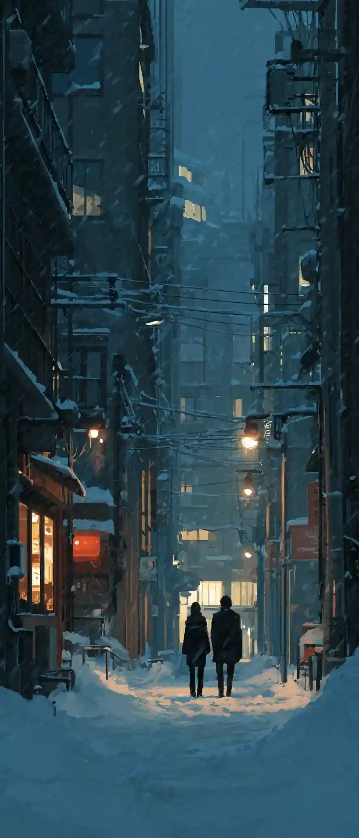 情侶夜晚漫步在寂靜的雪中城市街道