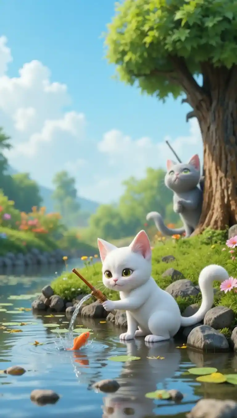 White cartoon cat playing with gentle ripples in water