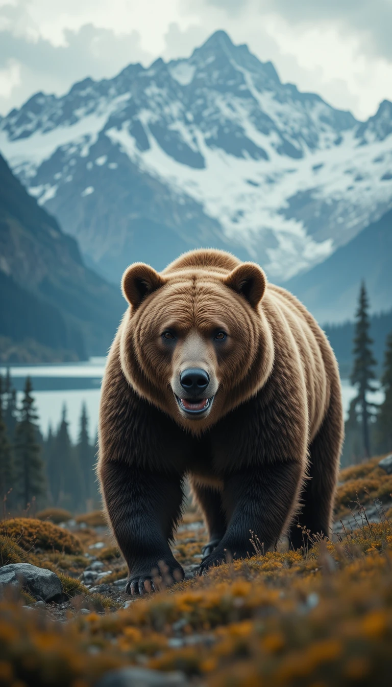 Brown bear roaming in misty Russian mountain wilderness