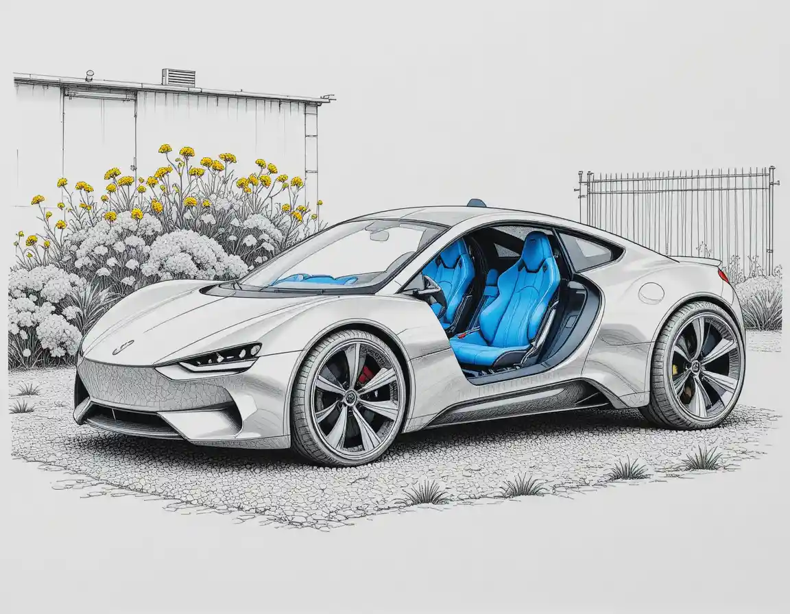 Auto futuristica argento parcheggiata accanto a un edificio su uno spiazzo di ghiaia