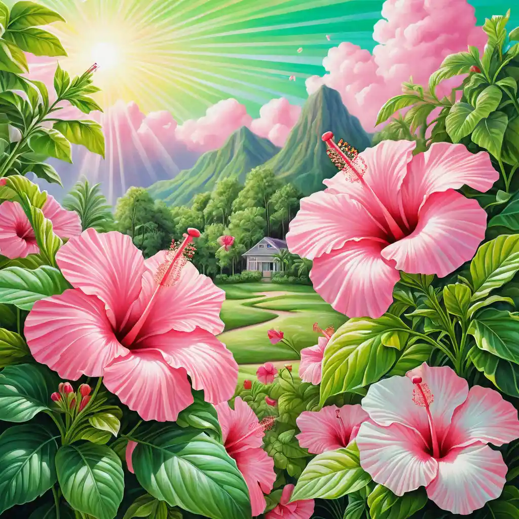Champ d’été surréaliste d’hibiscus roses sous de doux rayons de soleil