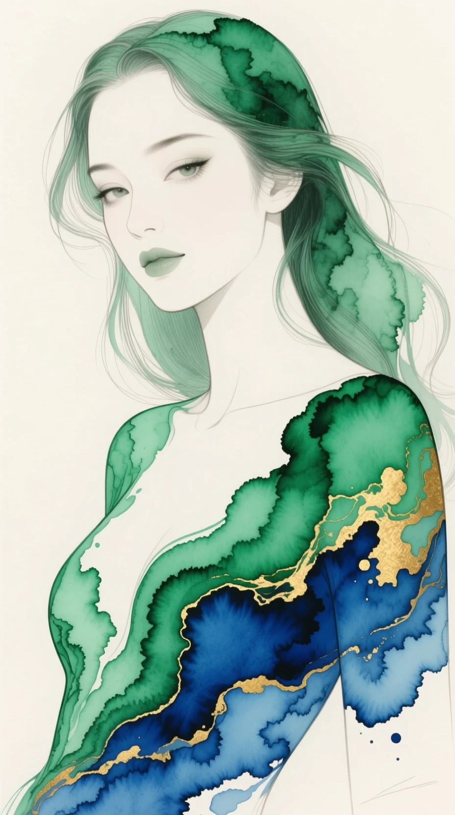 優雅女子墨線人像搭配大理石紋金色點綴