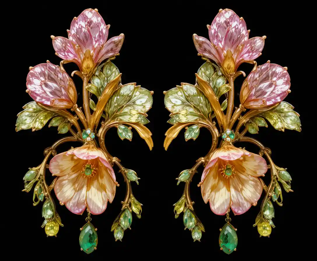 Boucle d’oreille florale en or avec gemmes sur fond noir