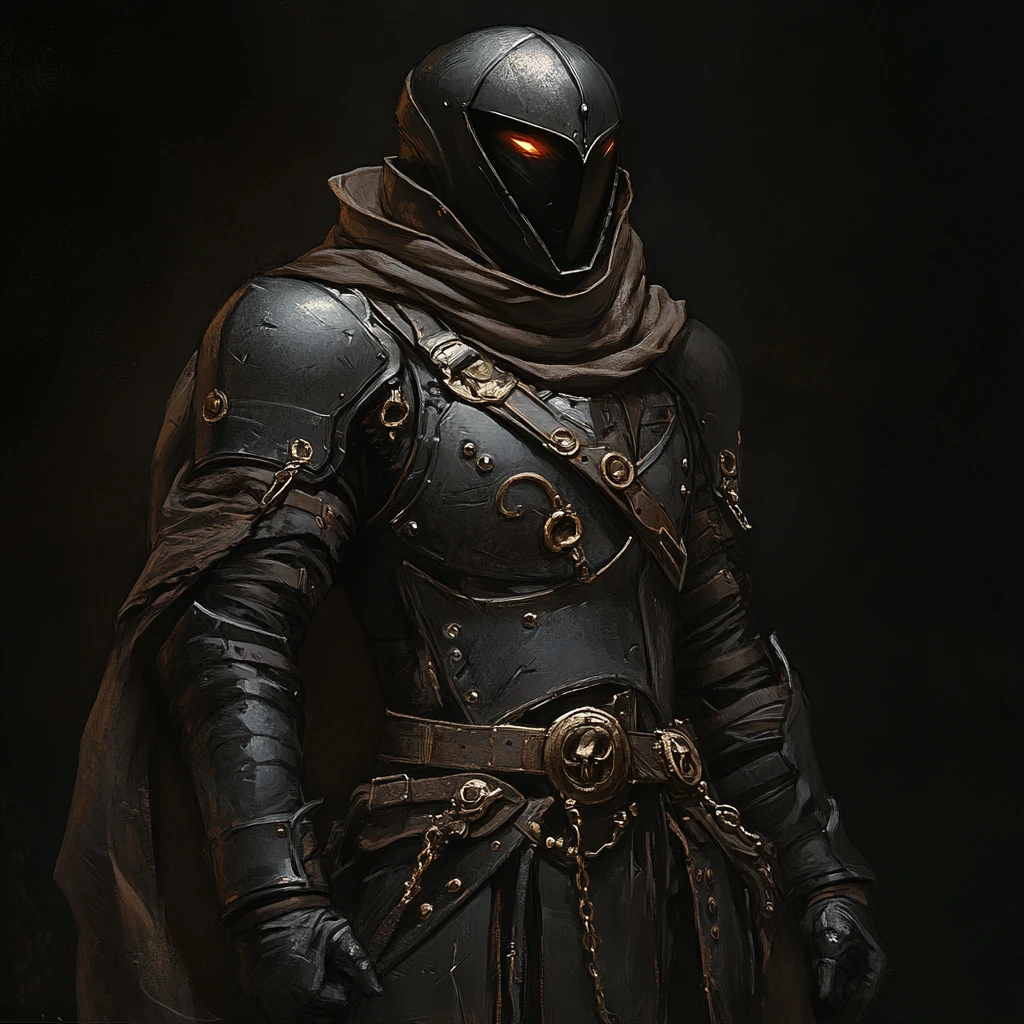 Artificier dark fantasy en lourde armure médiévale magique