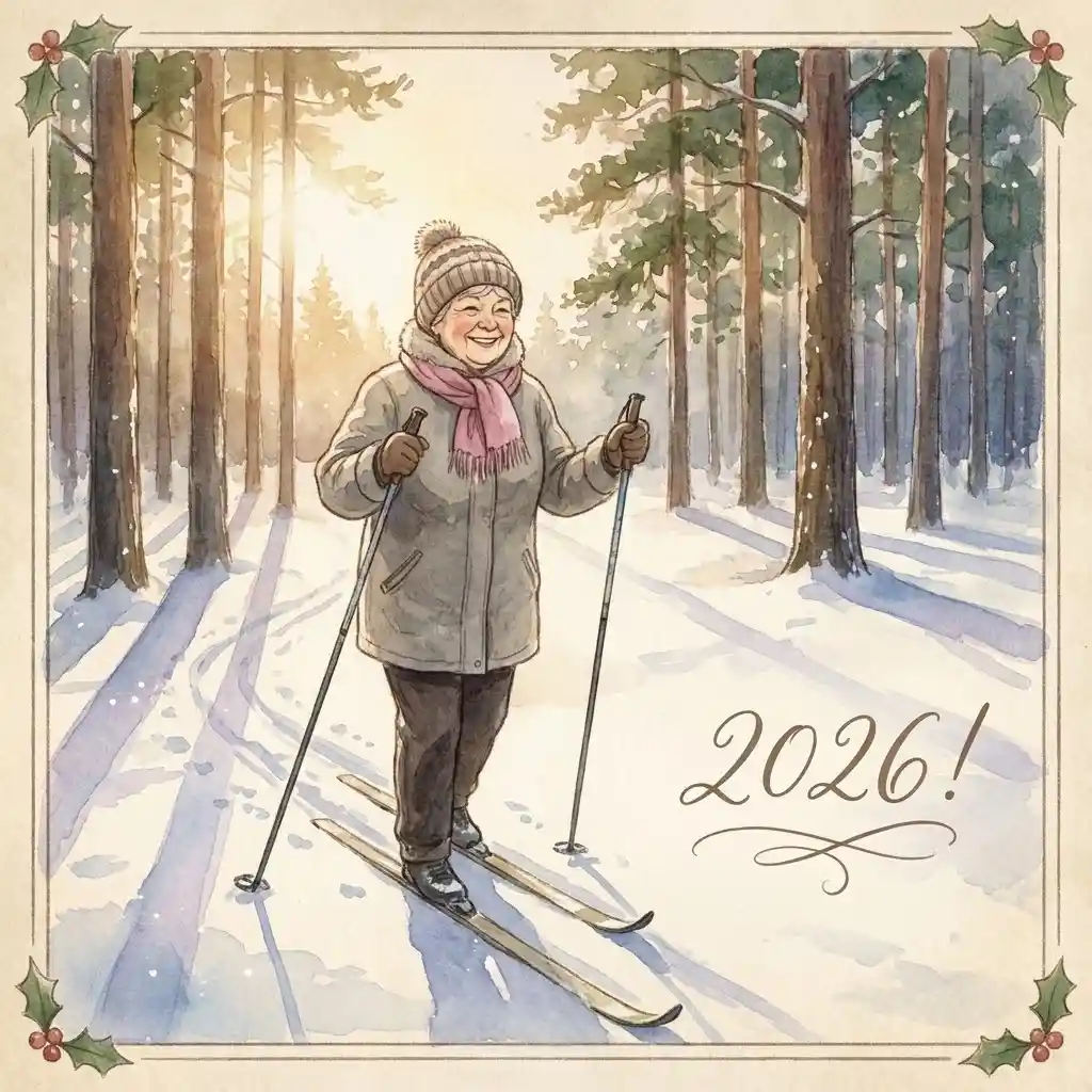 Grandmother skiing through a sunlit snowy pine forest