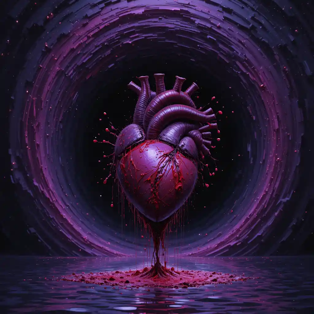 Human heart falling into a swirling dark void