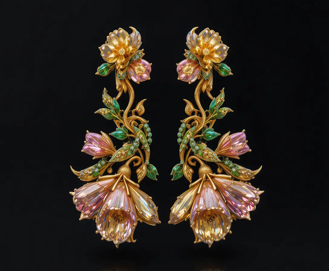 Gold floral gemstone earring on a dark background