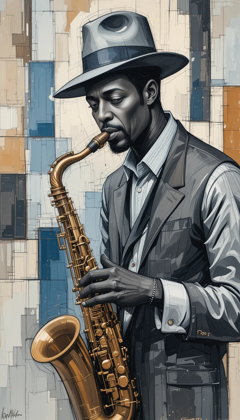 Retrato cubista de um saxofonista de jazz em tons suaves de azul