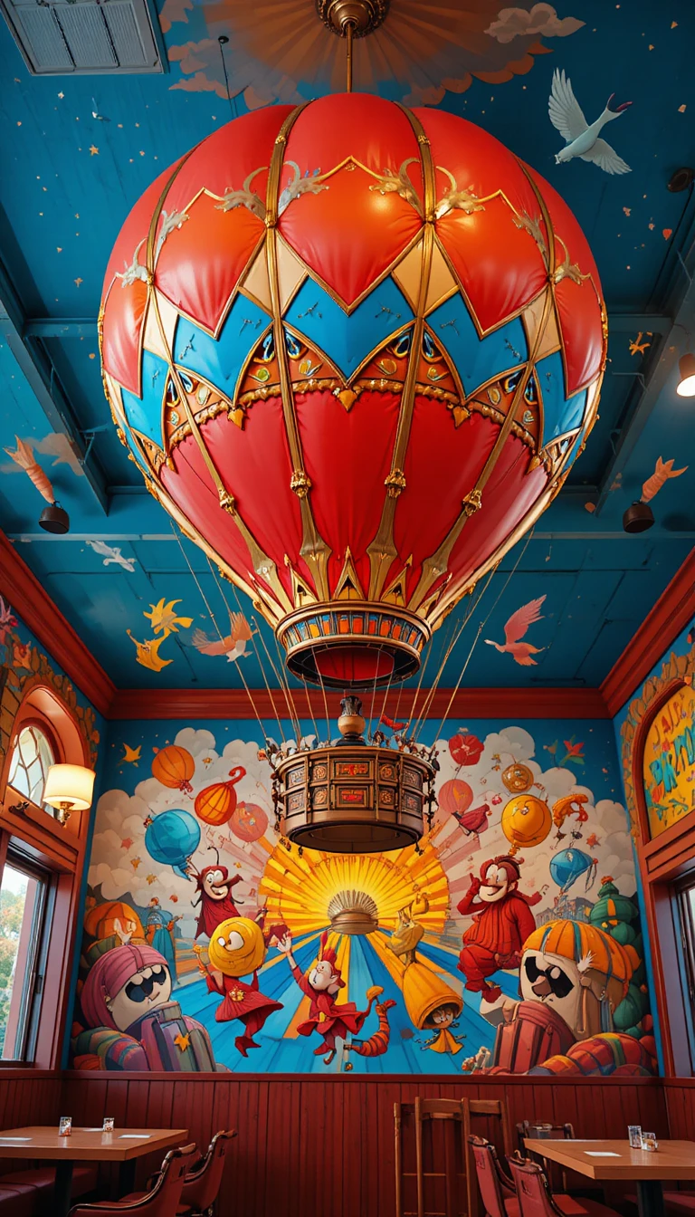 Colorful hot air balloon above playful mural in eatery
