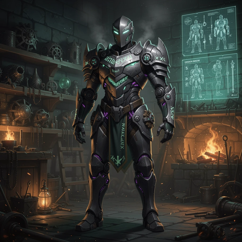 Artificier dark fantasy en lourde armure magique