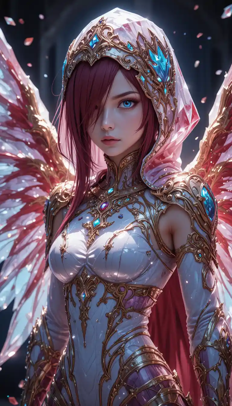 Anime ruby armored warrior woman with crystalline wings