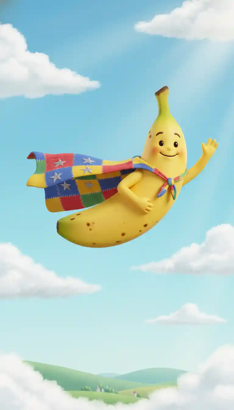 Joyful flying banana hero in a soft blue sky