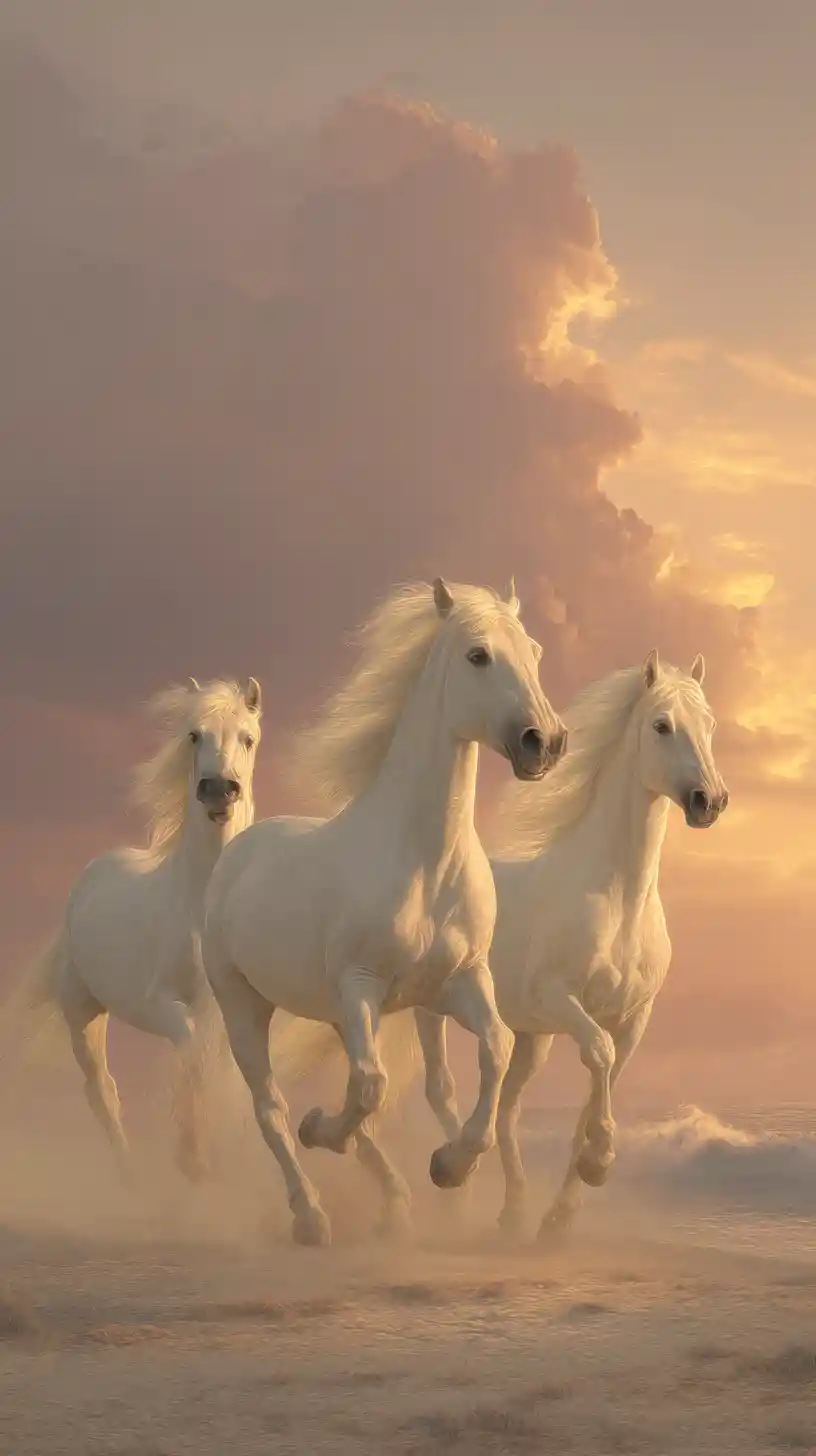 White horses running freely across a sunset landscape