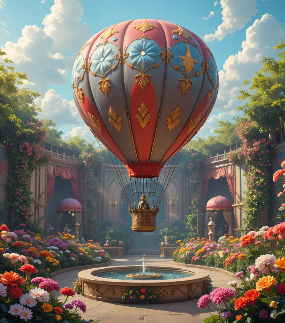 Retro hot air balloon over a whimsical circus garden