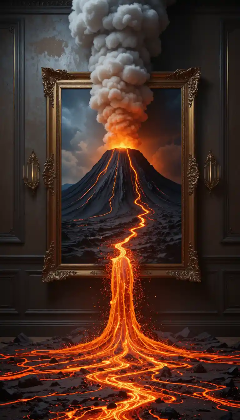 Volcanic Lava Erupting From A Framed Wall Painting