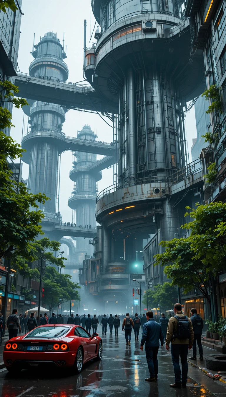 Rue de ville futuriste avec voiture de sport rouge et foule