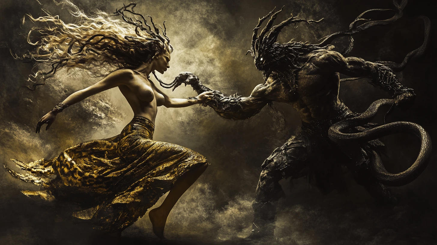 Medusa luchando contra un guerrero medieval bajo una luna inquietante
