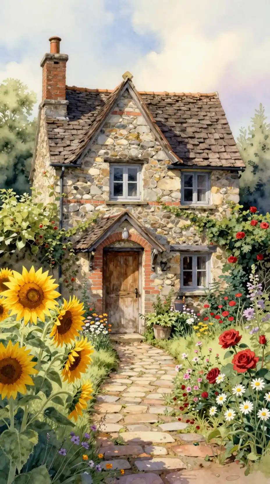 Fiabesco cottage in pietra con girasoli e giardino all’inglese