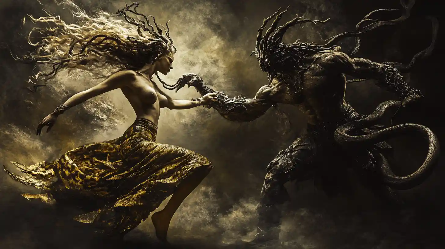 Medusa kämpft mit einem mittelalterlichen Krieger im unheimlichen Mondlicht