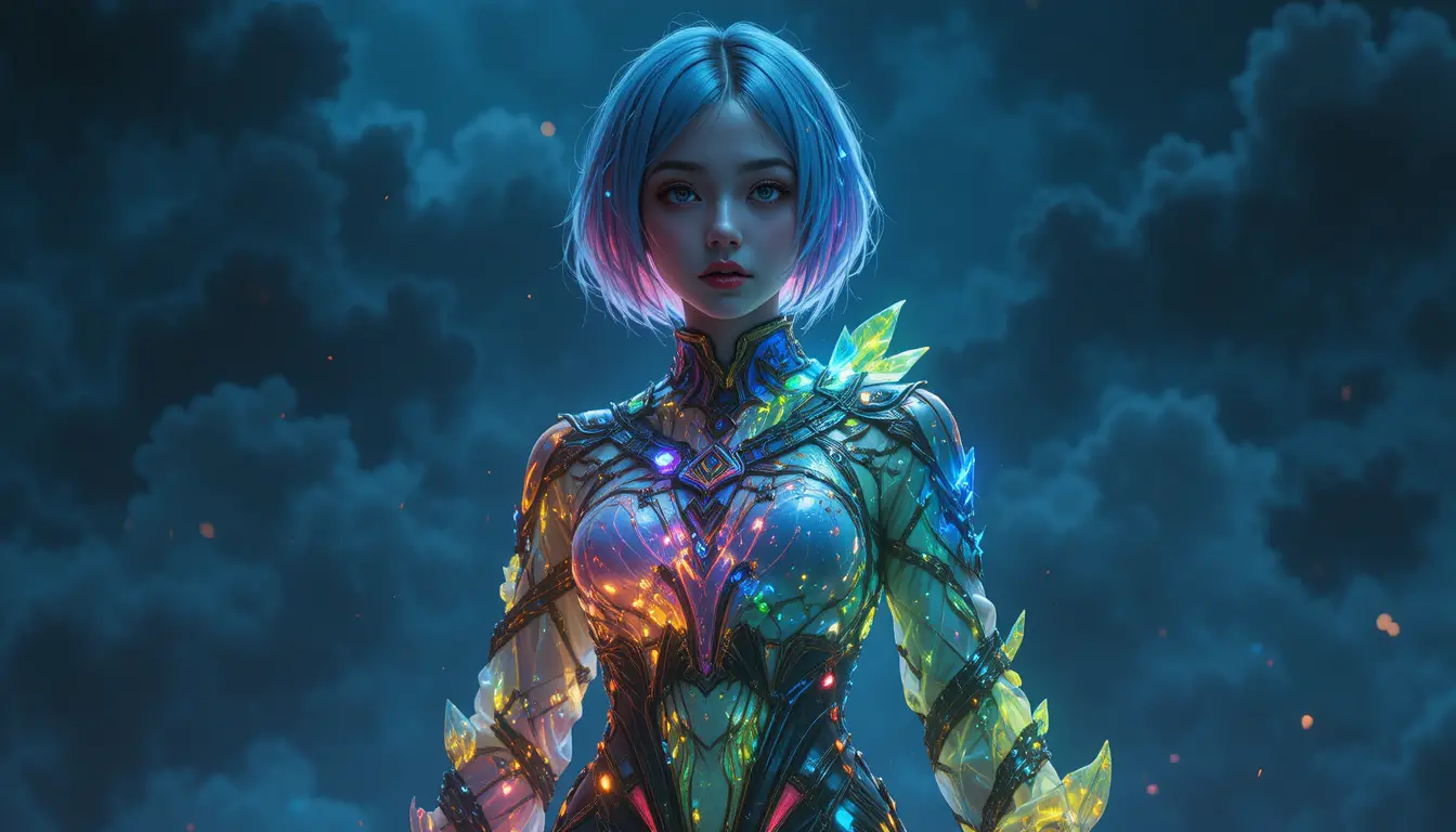 Enigmatic woman with glowing clothes against dark sky