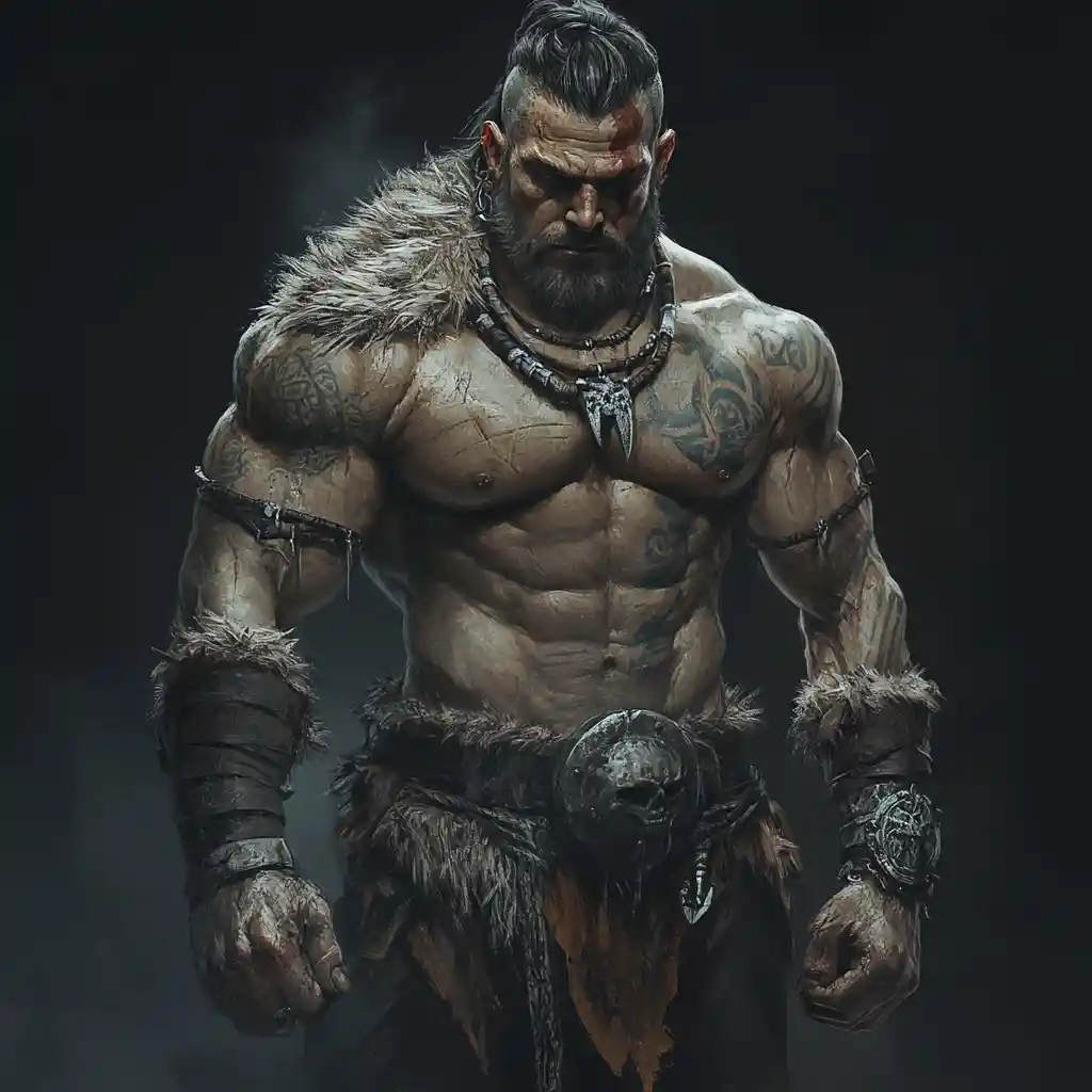 Goliath barbare dark fantasy avec tatouages tribaux et massue