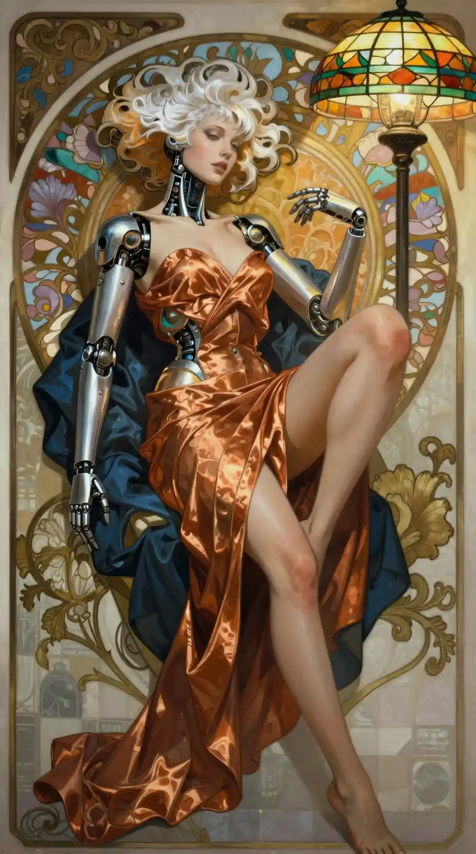 Donna androide distesa in un ricco ambiente art nouveau