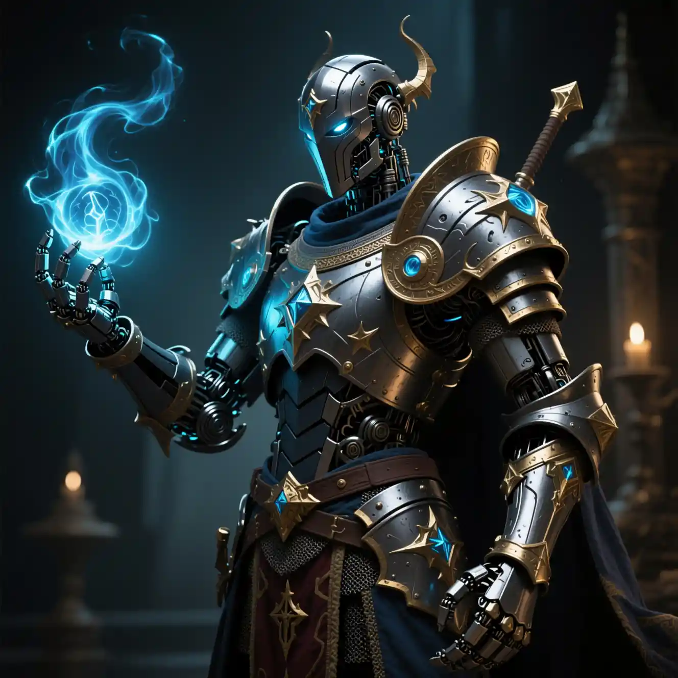 Artefice dark fantasy in armatura medievale robotica