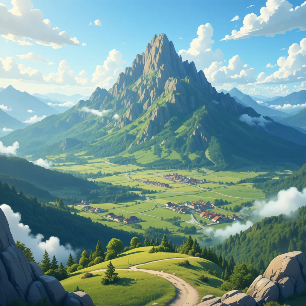 Pico de montanha em desenho acima de um vale verde e silencioso