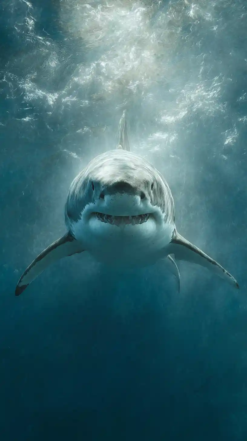Great white shark swimming straight toward the viewer