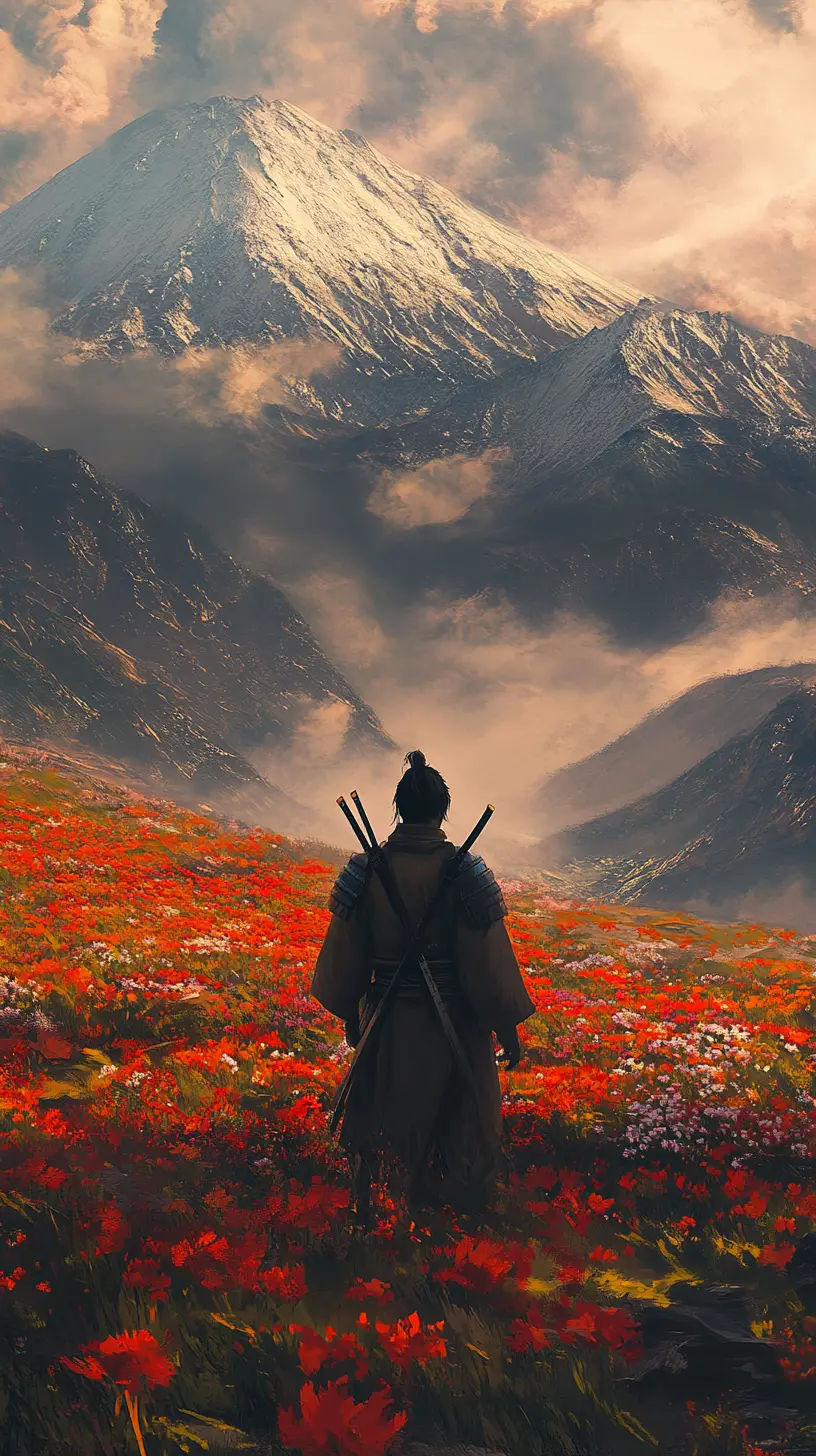 遠くの山々を前に花畑を見つめる侍