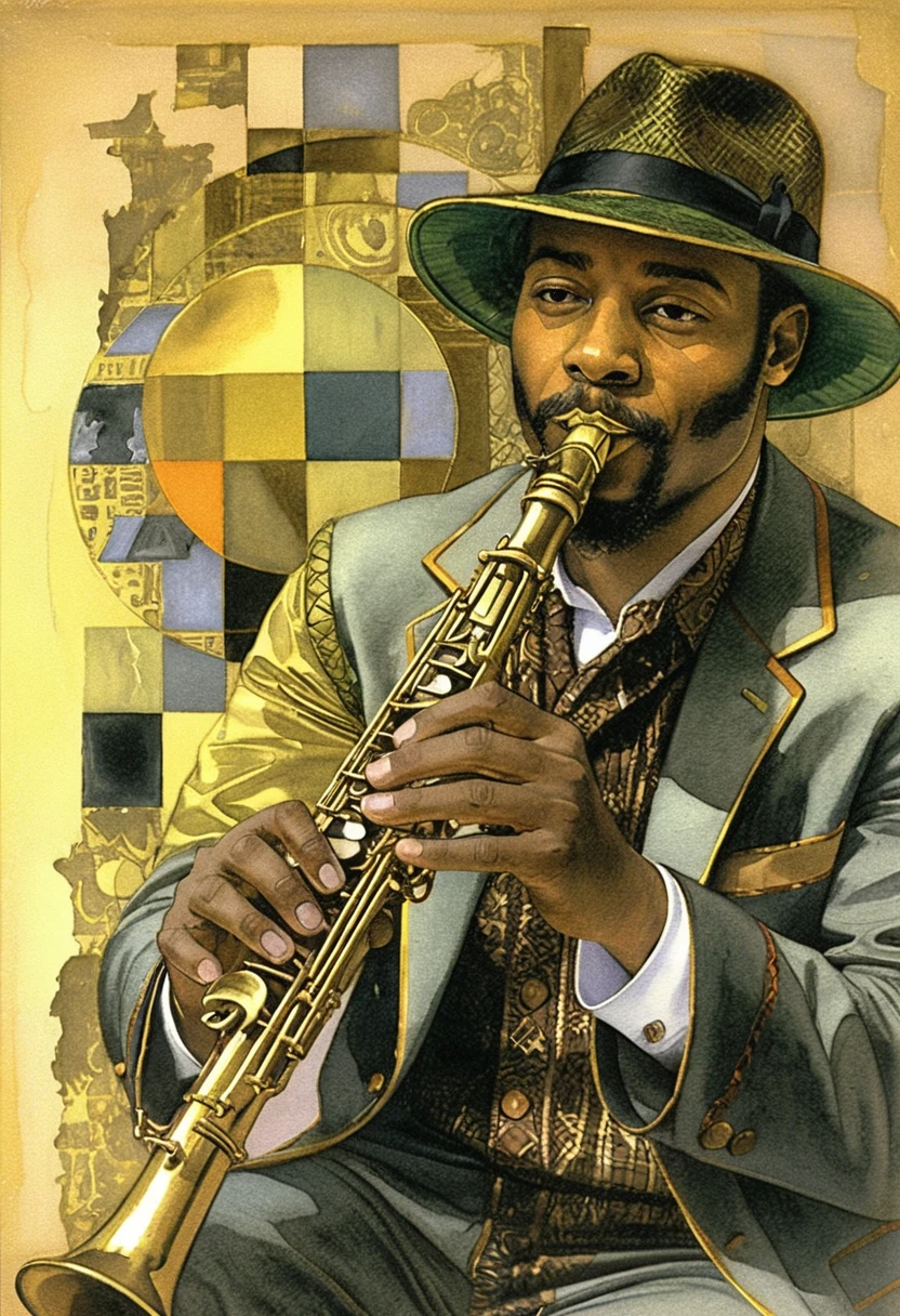 Retrato cubista de um saxofonista de jazz em tons suaves de azul