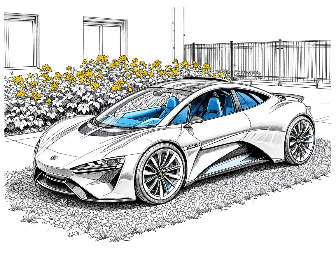 Futuristisches silbernes Auto mit Solardach, auf Kies geparkt