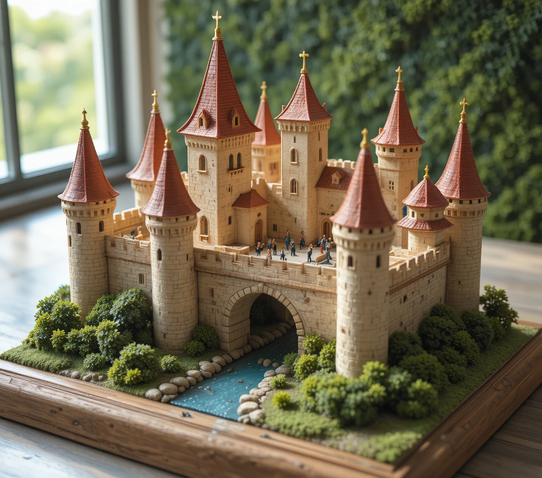 Modelo detalhado de castelo medieval com rio e vegetação