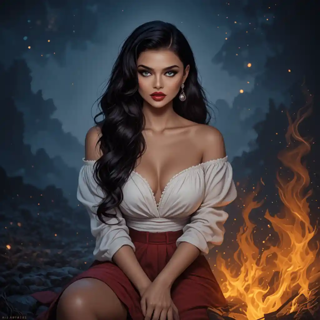 Woman with campfire in a smoky night digital illustration