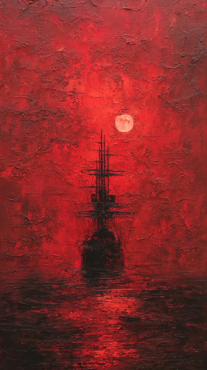 Barco fantasma bajo una luna pálida en cielo rojo