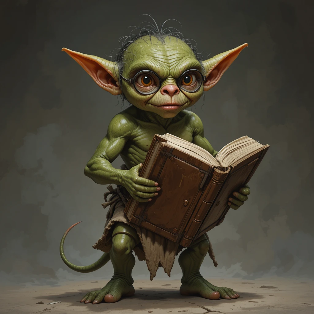 Focused goblin scholar clutching an oversized ancient book