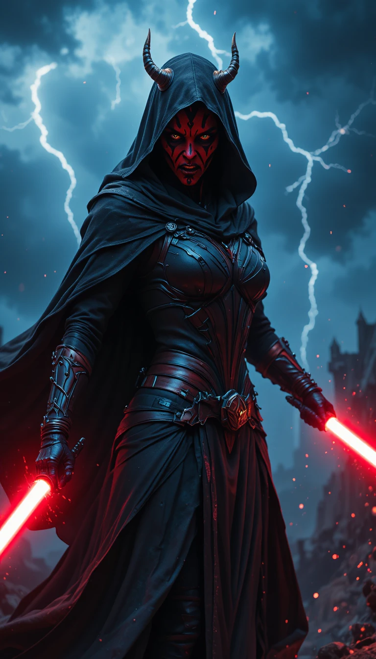 Guerrière Sith avec deux sabres laser rouges en pleine tempête