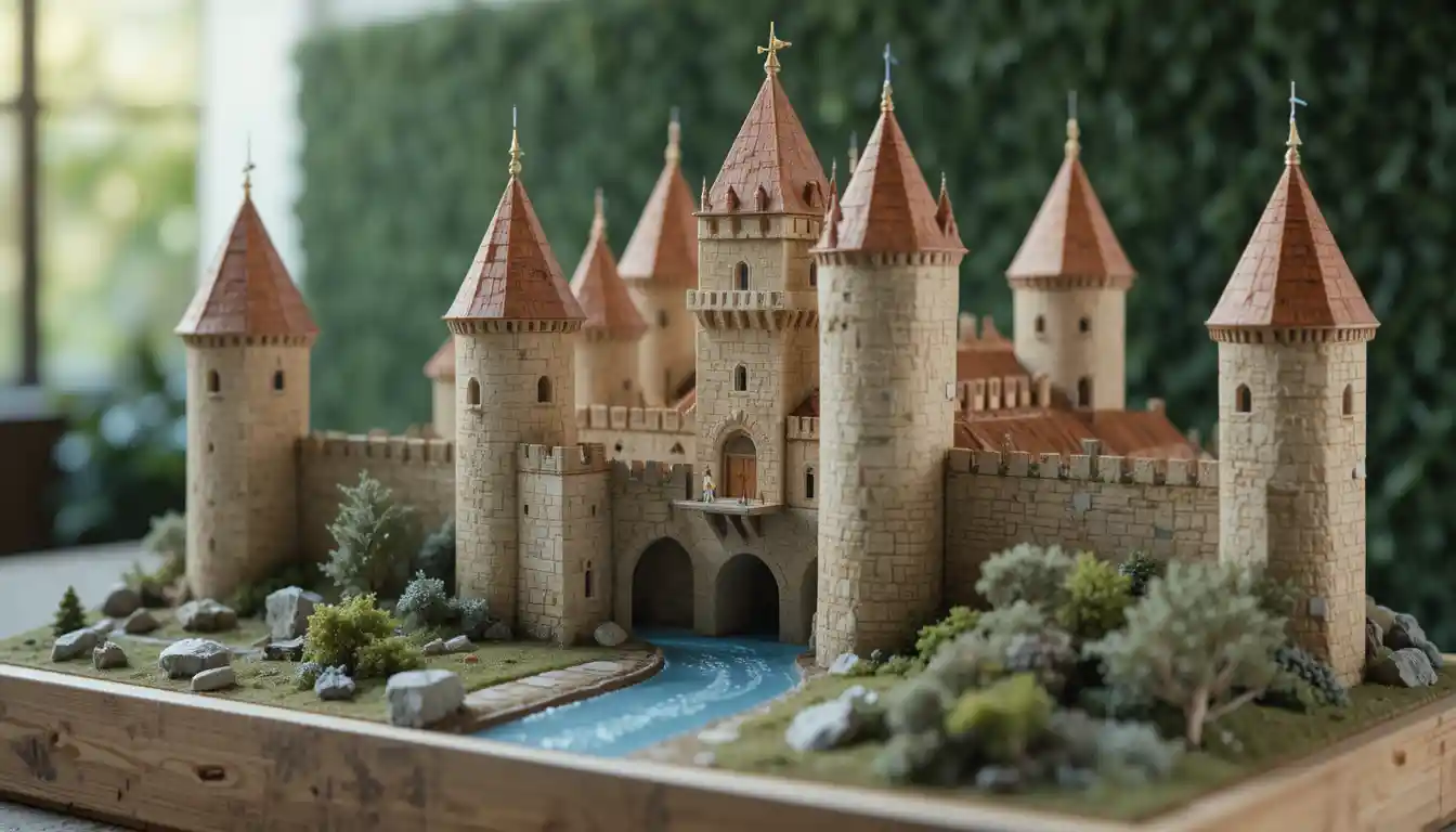 Detailed medieval castle scale model on wooden base